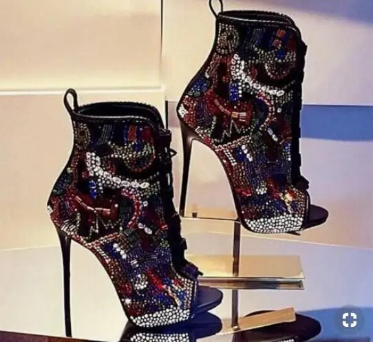 2019 Hot Selling Colorful Crystal Embellished Ankle Boots Peep Toe Lace-up Short Bootie Coverd Heels Multi Color Beads | Обувь