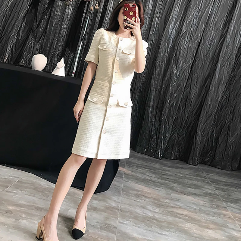 Платье из твида Off white с коротким рукавом 2019 весна / осень женское платье кисточкой