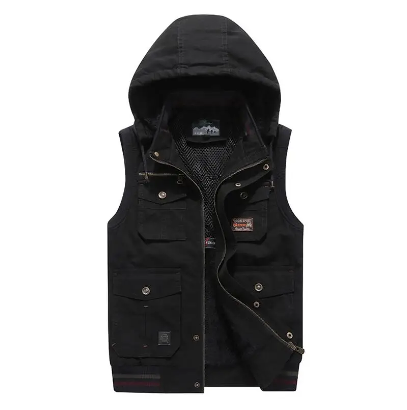 blue and black Осенне-зимние мужские жилеты размера плюс L-9XL с плюшевой подкладкой и капюшоном, теплые толстые дизайнерские Джинсовые куртки с карманами, мужские свободные Брендовые куртки из хлопка - Цвет: blue and black