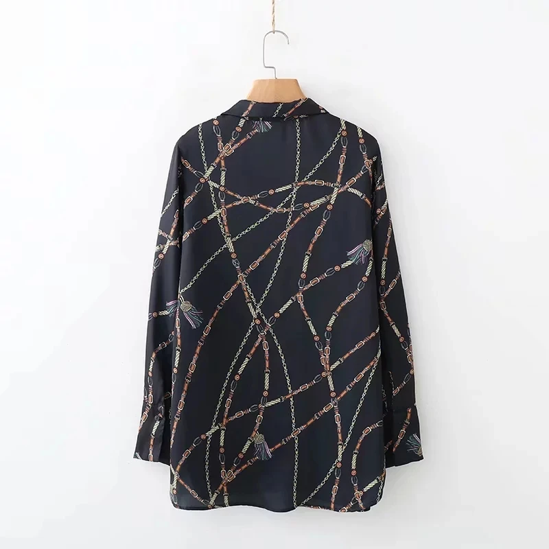 Женская блуза с отложным воротником длинным рукавом и принтом цепей|Рубашки| |