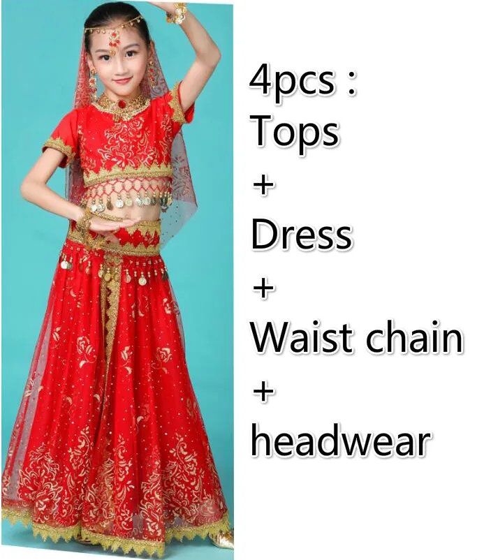 4pcs red Костюмы для Танцев Живота для девочек, дизайн, детские платья для восточных танцев, индийское болливудское танцевальное профессиональное снаряжение для детей, 4 цвета - Цвет: 4pcs red