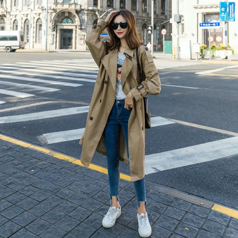 Женский плащ Пыльник с поясом длинная свободная Ветровка цвета хаки верхняя