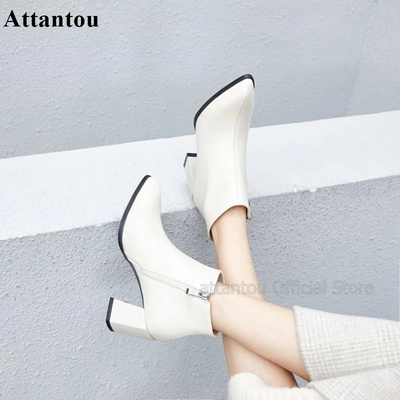 

Real Leather Chunky Heeled Women Short Boots Pointed Toe Ladies Winter Ankle Booties 7cm Heeled Women Black White Boot