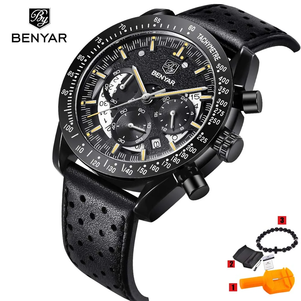 leather black gold Топ люксовый бренд BENYAR мужские часы спортивные бизнес Стальные кварцевые часы повседневные мужские наручные часы с хронографом Relogio Masculino - Цвет: leather black gold