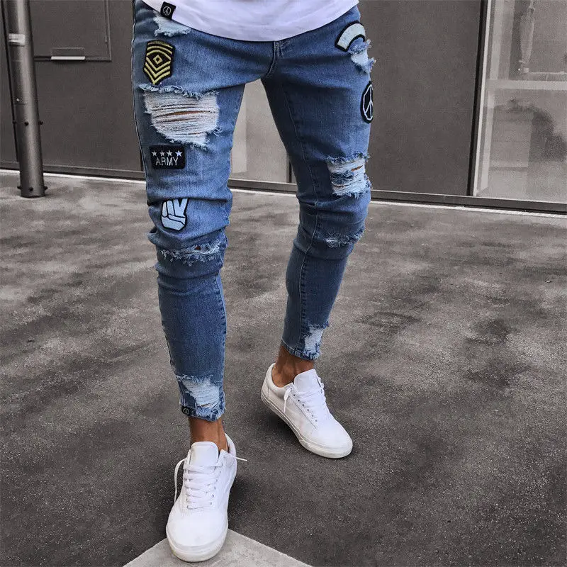 

YOFEAI 2018 Style Men Ripped Skinny Biker Jeans Fashion Destroyed Frayed Print Embroidery Slim Fit Denim Pant Jean