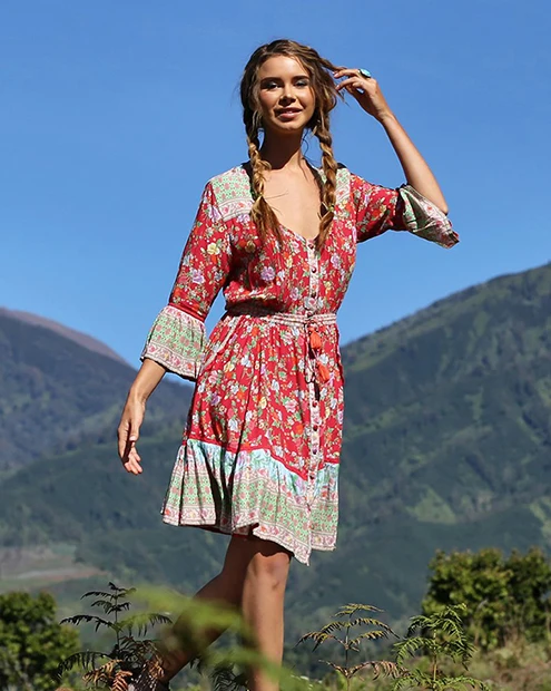 Женское платье с цветочным принтом Everkaki Boho Gypsy, v-образный вырез, регулируемый пояс с кисточками, богемные платья для женщин, новинка, осень