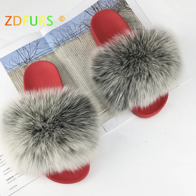 black frost ZDFURS*/красные женские шлепанцы с мехом енота; пушистые модные домашние Летние вьетнамки с мехом лисы; большие размеры - Цвет: black frost