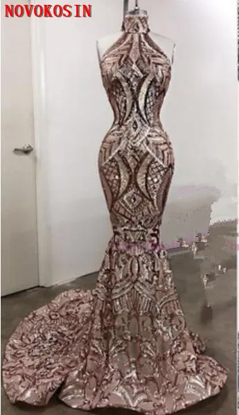 

Halter Mermaid Prom Dresses 2019 Sleeveless Floor Length High Quality Embroidered Sequined Lace Formal Evening Dress Party Gowns