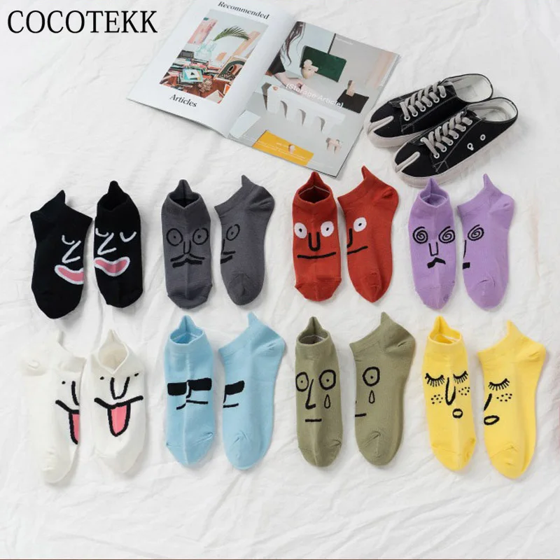 Harajuku Design Kawaii Funny Expression Women Socks Summer New Happy Fashion Ankle Cotton Cartoon Embroidered Girl | Женская одежда