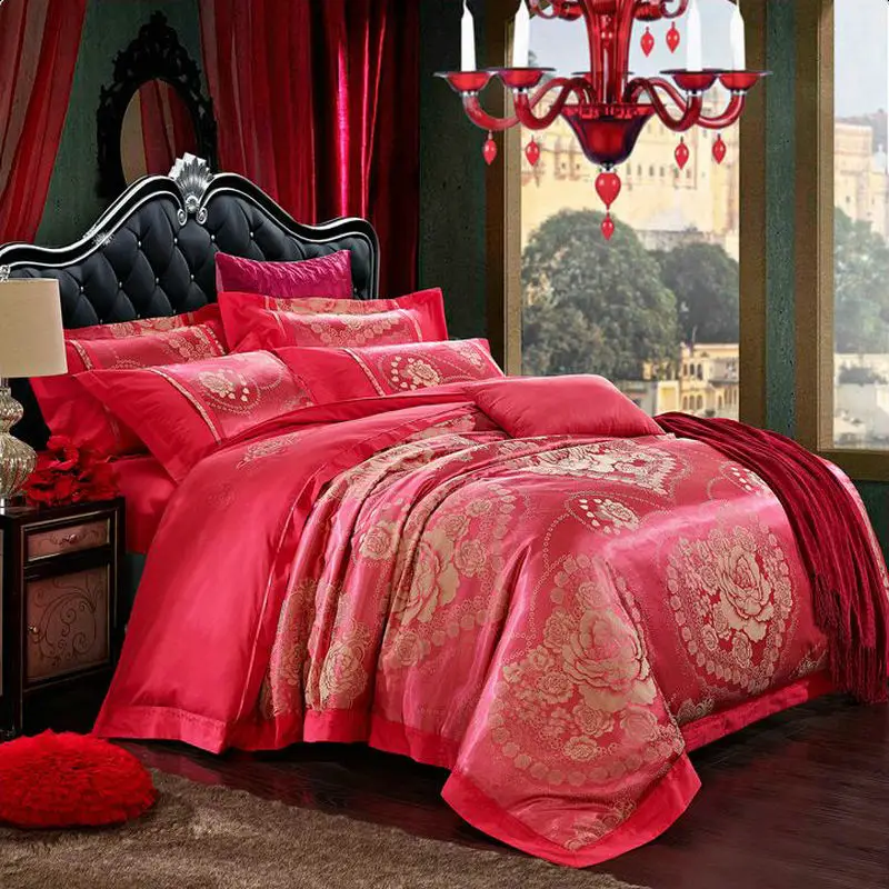 Red Jacquard Wedding Bedclothes Bed Set 4pcs Silk/Cotton Bedding Embroidered Satin Duvet Cover Sheet Cotton Queen King | Дом и сад