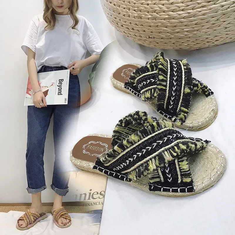 Модные летние богемные белье старинные Для женщин тапочки 2019 Новый Бисер плоские