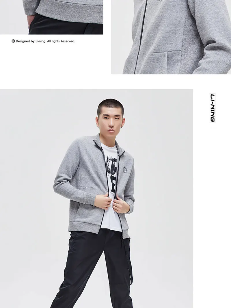 Li-Ning Мужская толстовка серии Wade с полной молнией, обычная посадка, 66% хлопок, 34% полиэстер, подкладка, спортивные топы, куртки AWDP131 MWW1566