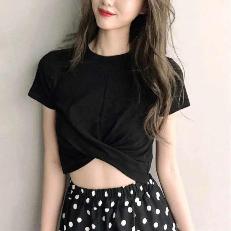 Женская летняя Однотонная футболка с перекрещивающимся верхом Повседневная