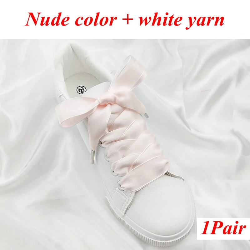 Nude color white 1 пара, ширина 2 см, двухсторонние шнурки для снега, атласные, шелковые, ленточные шнурки, женские модные шнурки для кроссовок, шнурки для обуви 80/100/120 см - Цвет: Nude color white