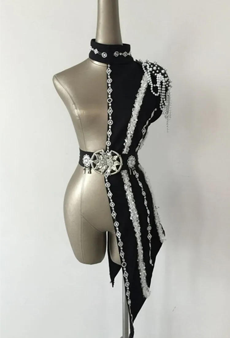 New Fashion Womens Patchwork Set Stage Singer DS DJ Costume for Adult Dancing Clothes with White Pearl Chain dance wear women |