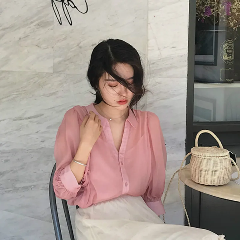 Женская шифоновая блузка на пуговицах элегантная прозрачная белая рубашка в