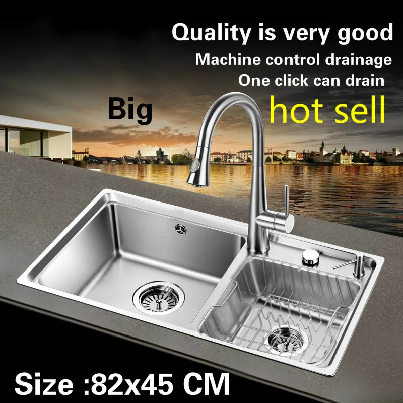Free shipping Hot sell standard machine control drainage luxury big kitchen double groove sink food grade stainless 820x450 MM |