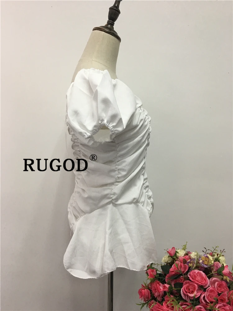 RUGOD Корейская женская блузка с открытыми плечами элегантные плиссированные женские рубашки с пышными рукавами Модные Нерегулярные белые топы и блузки