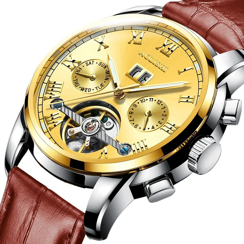 

AOLISHI Automatic Men Watches Tourbillon Mechanical Male Clock Stainless Steel Waterproof Wrist Watch Gold Relogio Masculino