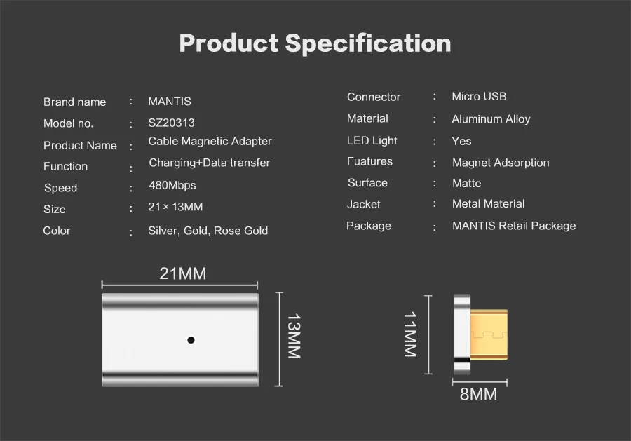 MANTIS Micro USB для магнитного зарядного устройства, кабель для передачи данных, адаптер для Android, кабель для зарядки, Магнитный адаптер для преобразования для телефона samsung