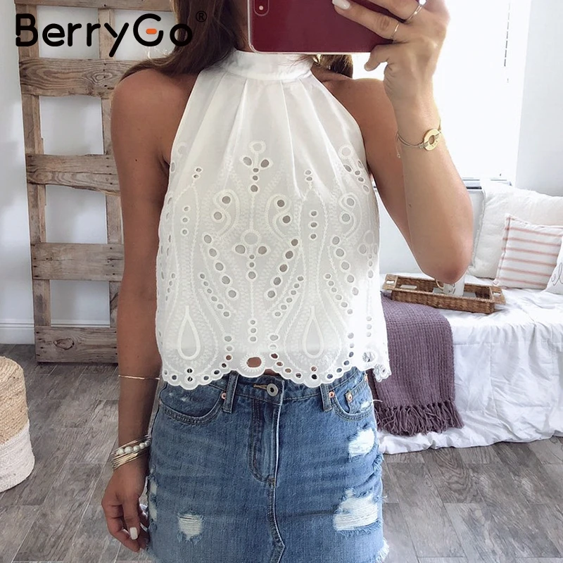BerryGo Sexy со стоячим воротником летние белые на бретелях женщин Винтаж без рукавов