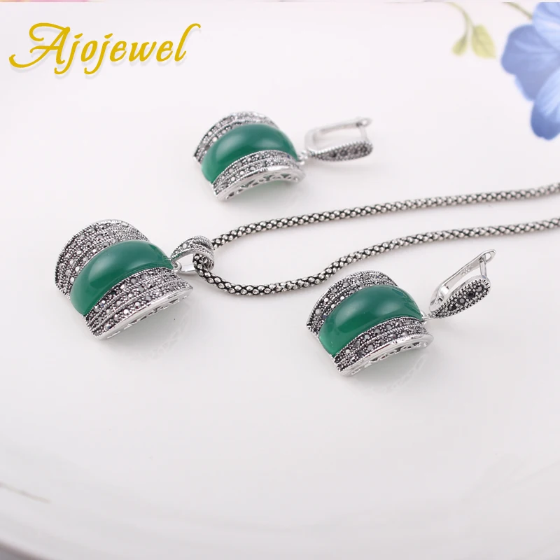 Ajojewel дизайнерский античный серебряный цвет женский комплект ювелирных изделий геометрическое кольцо с зеленым камнем ожерелье и серьги наборы
