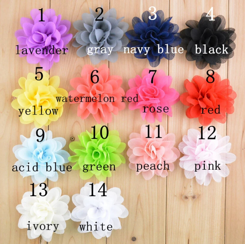 

Шифоновая ткань с цветами, 14 цветов, плоская спинка для девочек, аксессуары для волос, повязки на голову 100 шт./лот