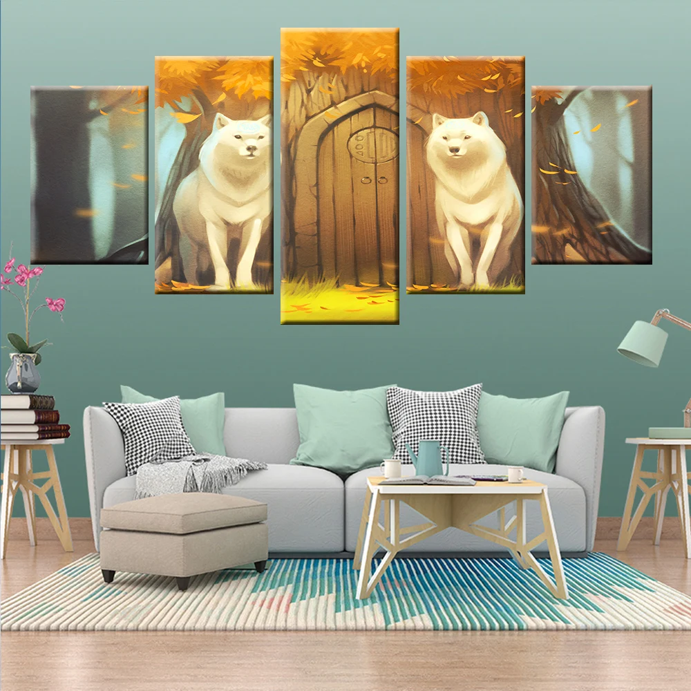 Два Белого Волка животных холст картина плакат 5 Панель Стены Художник гостиная