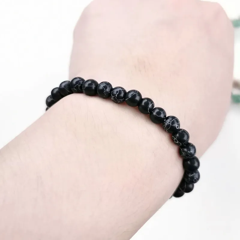 Black stone Минималистичный 6 мм натуральный браслет для женщин и мужчин тигровый глаз розовый кристалл вулканический каменный Агат из бисера Йога стрейч браслеты - Окраска металла: Black stone