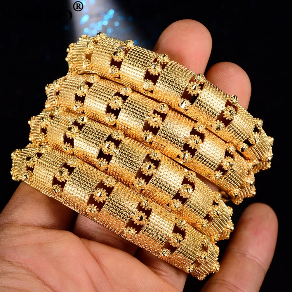 

4pc Gold Color Bangles For Women Girl Ethnic Dubai France Jewelry Wedding Hollow Bracelet Ramadan Middle East Mama Gift