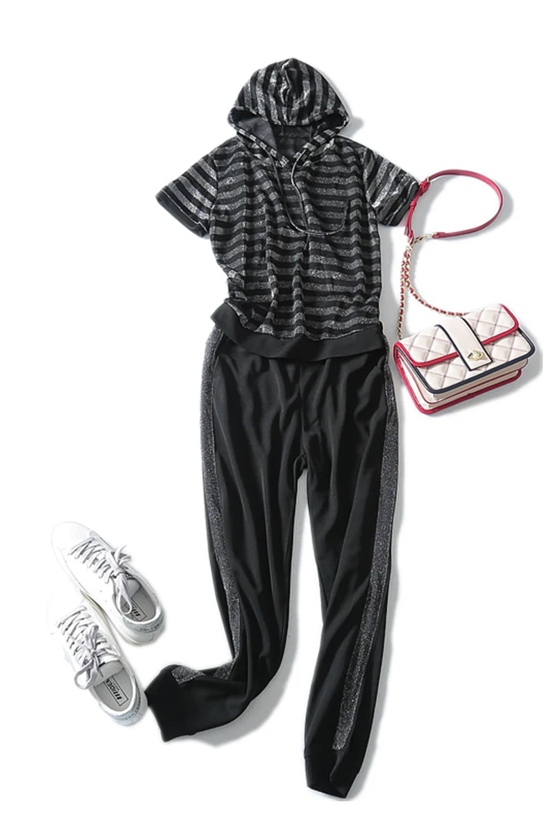 2019 New Summer Short Sleeve Casual Pullover Hooded Collar Elastic Waist Fashion Striped Length Women Set | Женская одежда