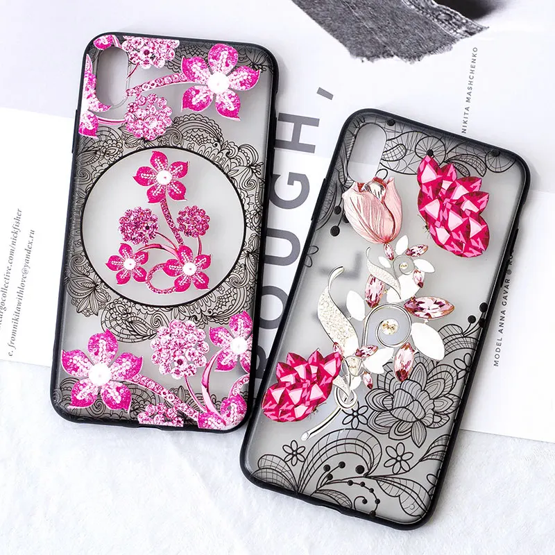 Boucho 3D Lace Diamond Floral Case for iPhone XS MAX Phone X XR 6 6s 7 8 plus Flower Clear Plastic Cover |