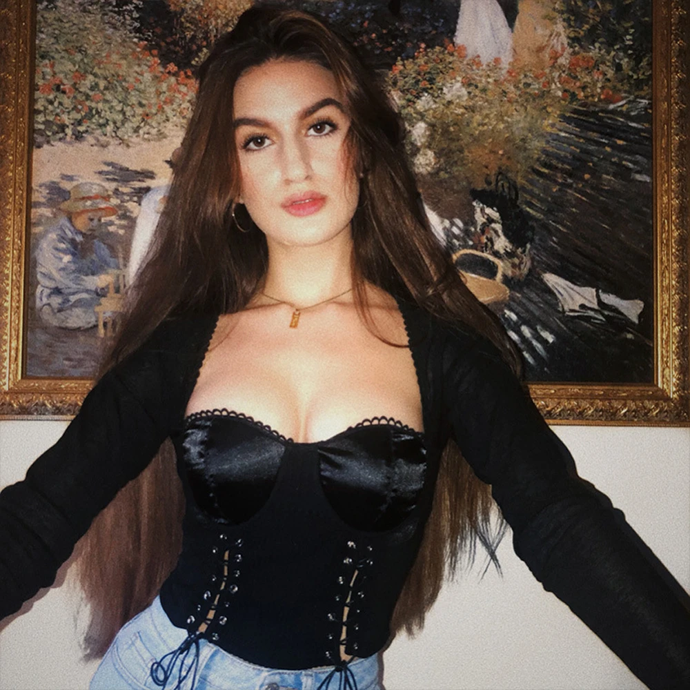 Sexy Low-cut Lace Up Black White Long Sleeve Crop Tops Elegant Soft Base Shirt Wild Vintage Slim T-shirt | Женская одежда