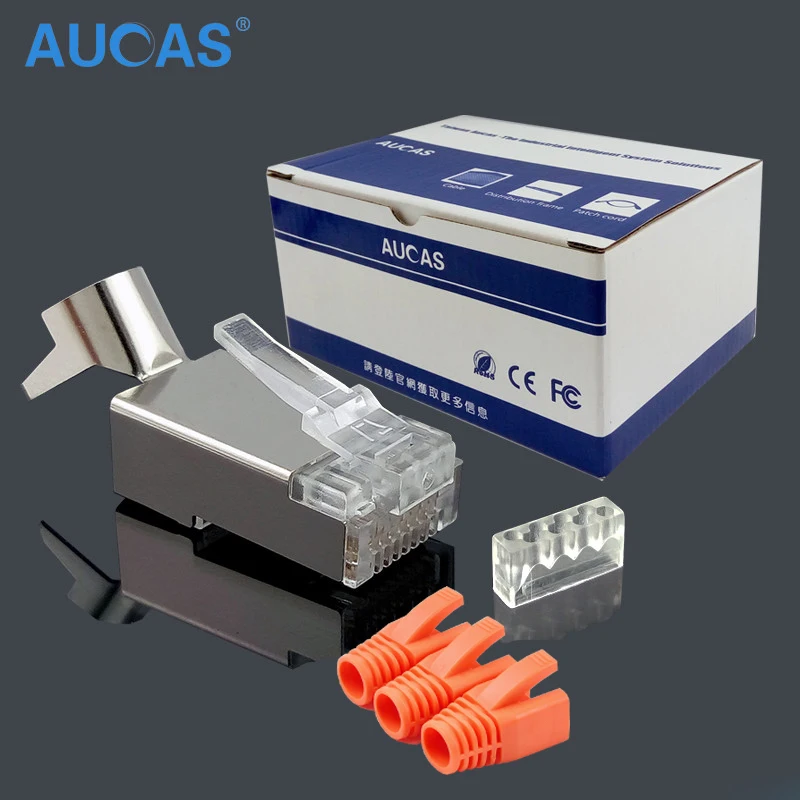 10/50 шт Aucas CAT7 RJ45 Подключите щит FTP 8P8C сети обжимной соединитель 1 45 mmgold plated