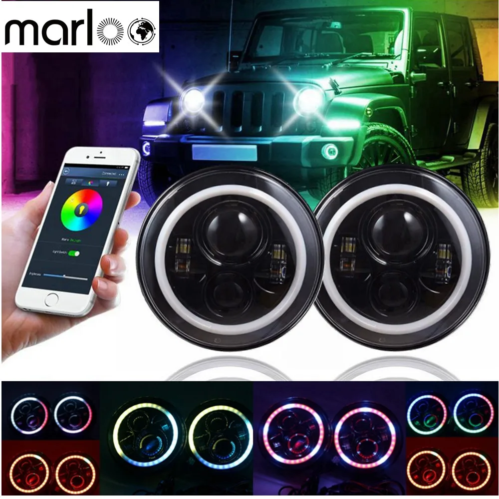 Marloo " светодиодный фары RGB Halo Angel Eye с Bluetooth пультом дистанционного управления для Jeep Wrangler JK LJ CJ Sahara Sport Rubicon Hummer