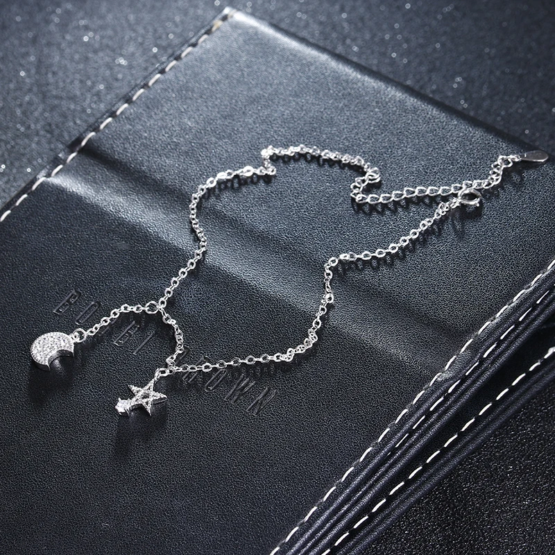Женский ножной браслет с Луной и звездой из 100% стерлингового серебра 925 пробы