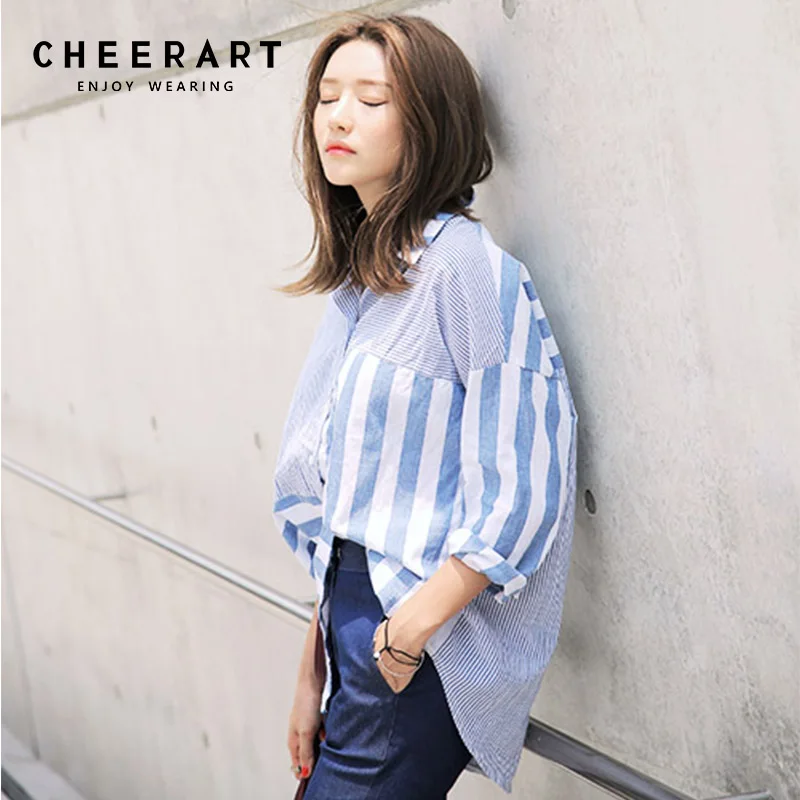 Женская блузка с длинным рукавом Cheerart синяя свободная на кнопках 2019|Блузки| |