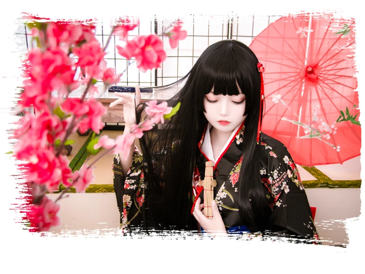 Jigoku Shoujo Enma Ai платье горничной кимоно юката униформа наряд Аниме Косплей костюмы кимоно+ пояс+ бант+ складной веер