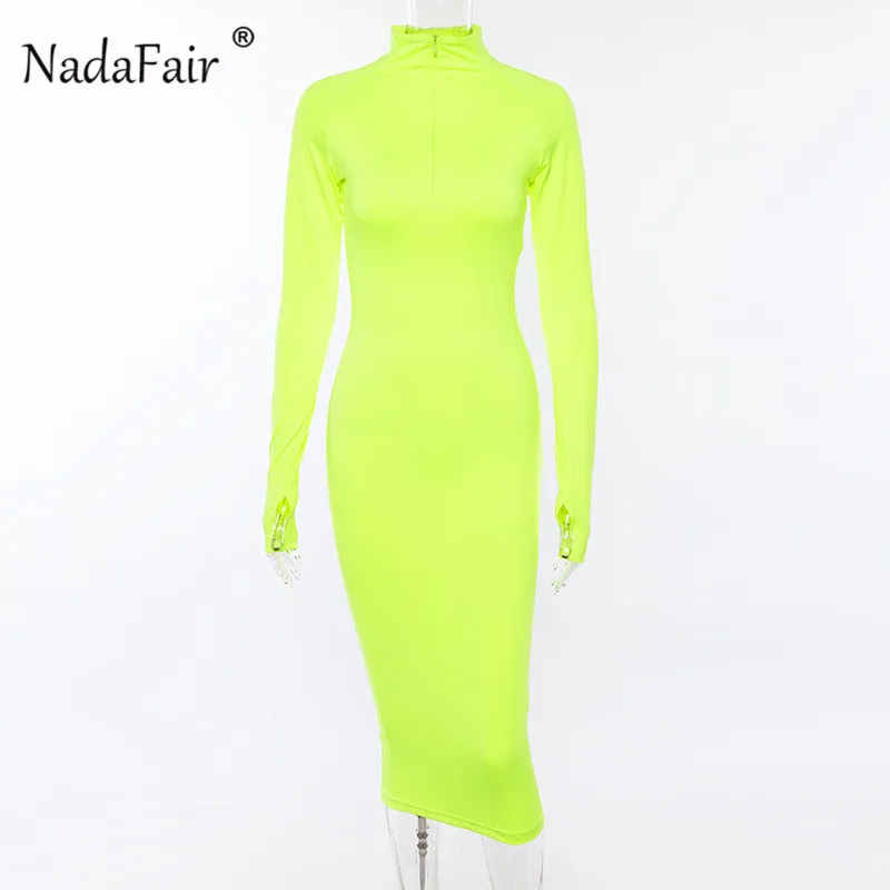 Nadafair, водолазка, миди, платье-карандаш, женское, черное, с длинным рукавом, на молнии, облегающее платье, уличная одежда, панк, зима, осень, платье для женщин