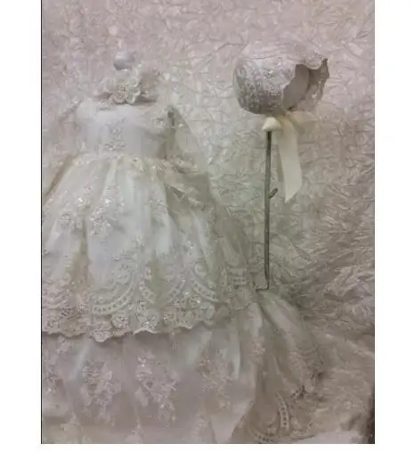 Heirloom Lace Appliqued Infant Birthday Gown Long Christening Dresses For Baby Girl With Sleeves Baptism Bonnet | Детская одежда и