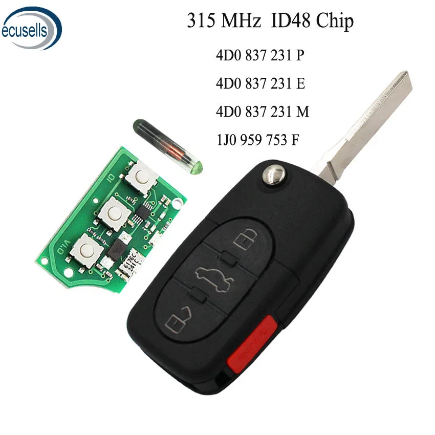 3+ 1 кнопки 315 MHZ удаленное Управление брелока 4 кнопки с ID48 чип 4DO 837 231 P/E/M 1J0 959 753 F для Audi/VW
