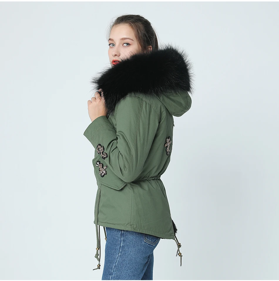 OFTBUY парка с вышивкой бриллиантами цвета хаки, зеленая зимняя куртка, пальто, женские парки, пальто с натуральным мехом енота, воротник теплый