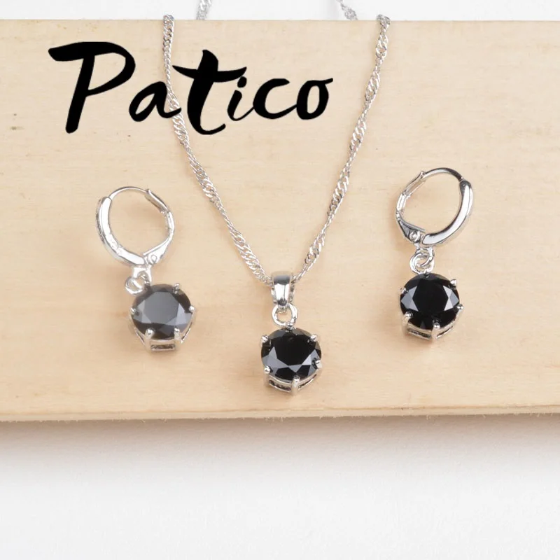 Vintage Simple Style Round Black CZ Crystal Jewelry Sets 925 Sterling Silver Earrings Pendant Necklace for Women Wedding | Украшения и