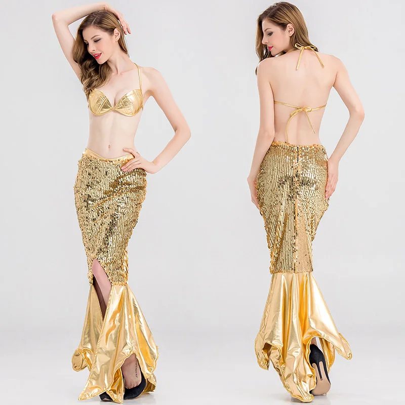 

Free shipping Golden Mermaid clothing adult split SEQUINS PARTY COSPLAY COSTUME New Halloween Dress women sexy mermaid suit