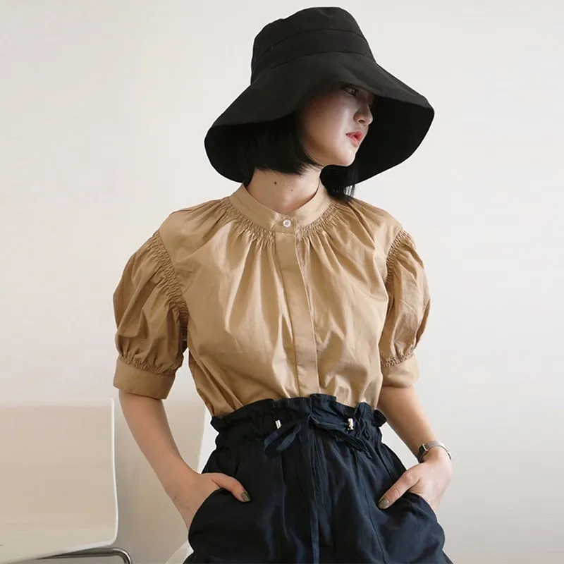 NANASTYLE слоеного рукав рубашки Топы Женский Стенд воротник Ruched большой Размеры