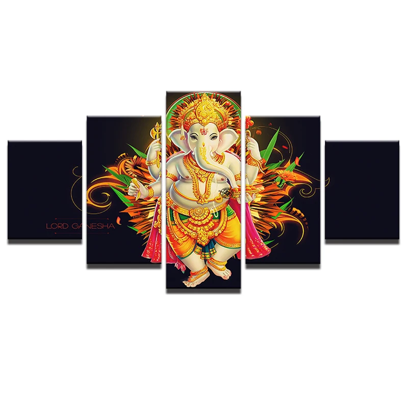 Home Decor Canvas Painting Abstract Wall Decorative Paintings 5 Panel Elephant God Ganesha Modern Pictures Art Frame | Дом и сад