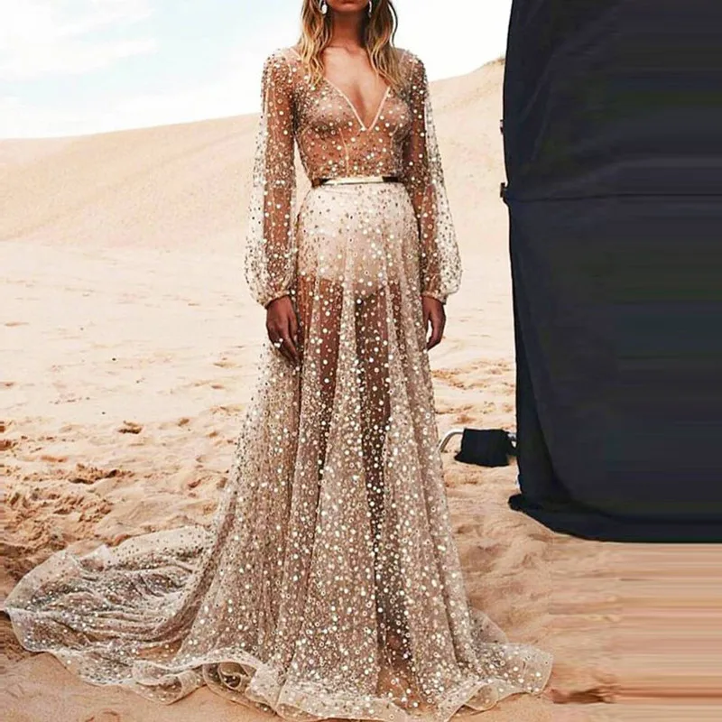 Женское платье с длинным рукавом блестящее Сетчатое длинное блестками и
