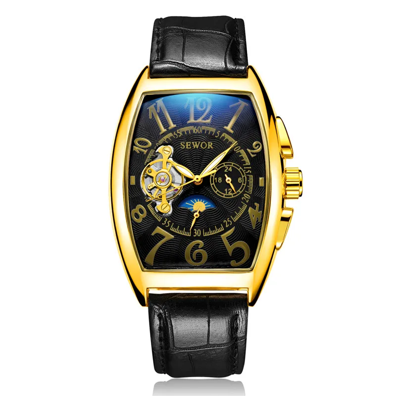black gold black Relogio Masculino SEWOR мужские часы, автоматические механические турбийон, спортивные мужские часы, Топ бренд, роскошные золотые классические мужские наручные часы - Цвет: black gold black