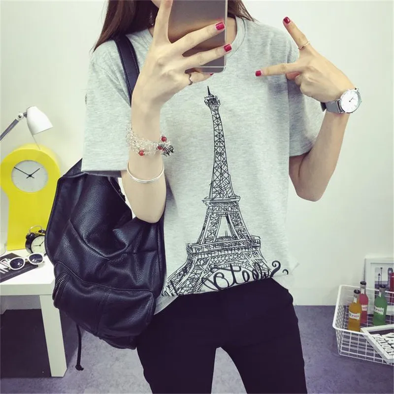 Новый Мода Весна Лето С Коротким Рукавом Майка Женщины Топы Эйфелева Башня