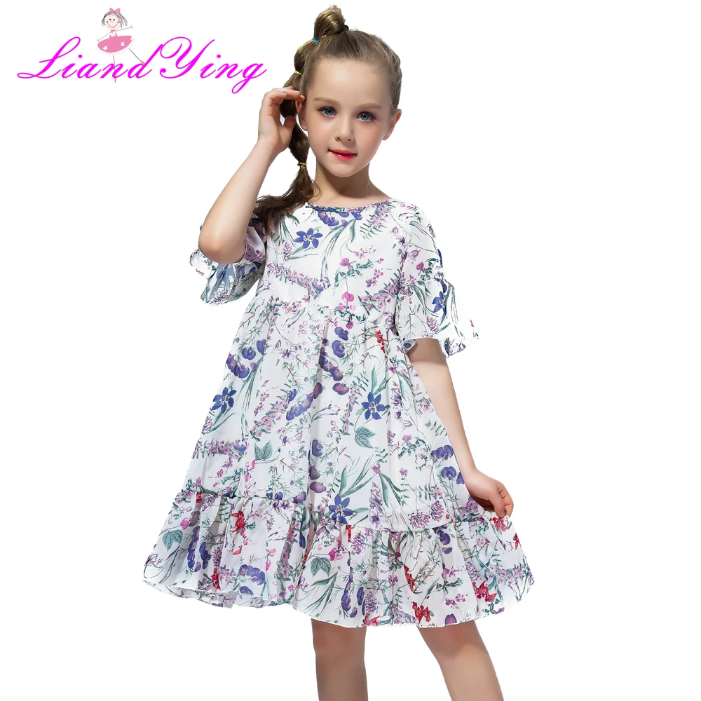 

Hot Sale Kids Summer Bohemia Casual Pleated Dress for Girl 2022 Children Chiffon Floral Dress For 3 4 6 7 8 9 10 11 12 Years